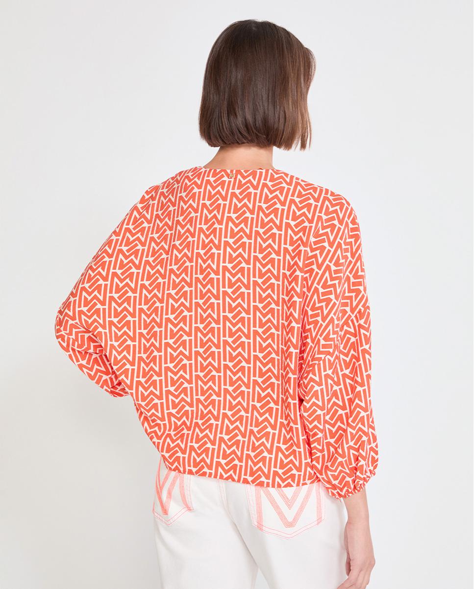 Blusa Acetinada com Estampado e Decote em V Pêssego-5