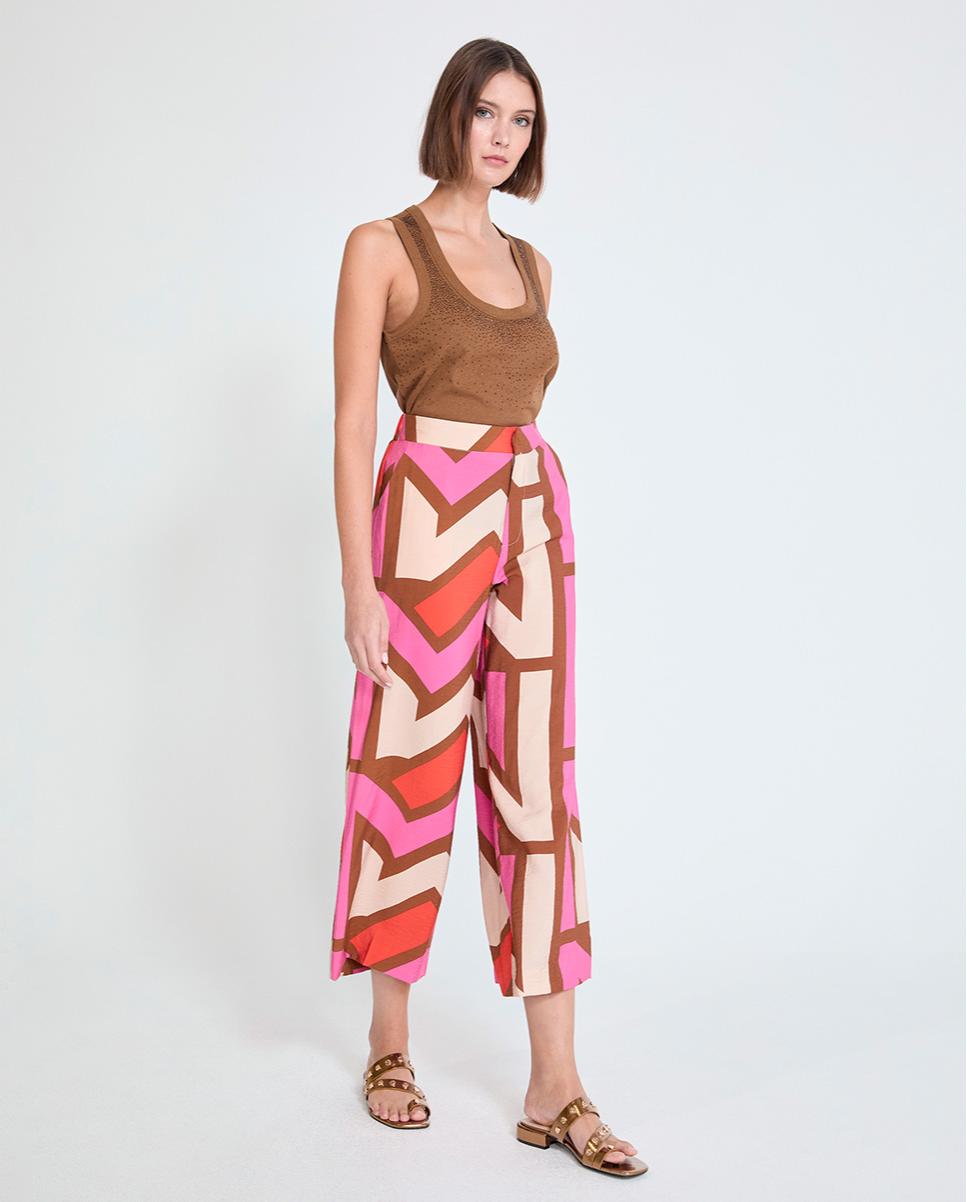 Calças Largas Culotte em Tecido Estampado Multicolor-2