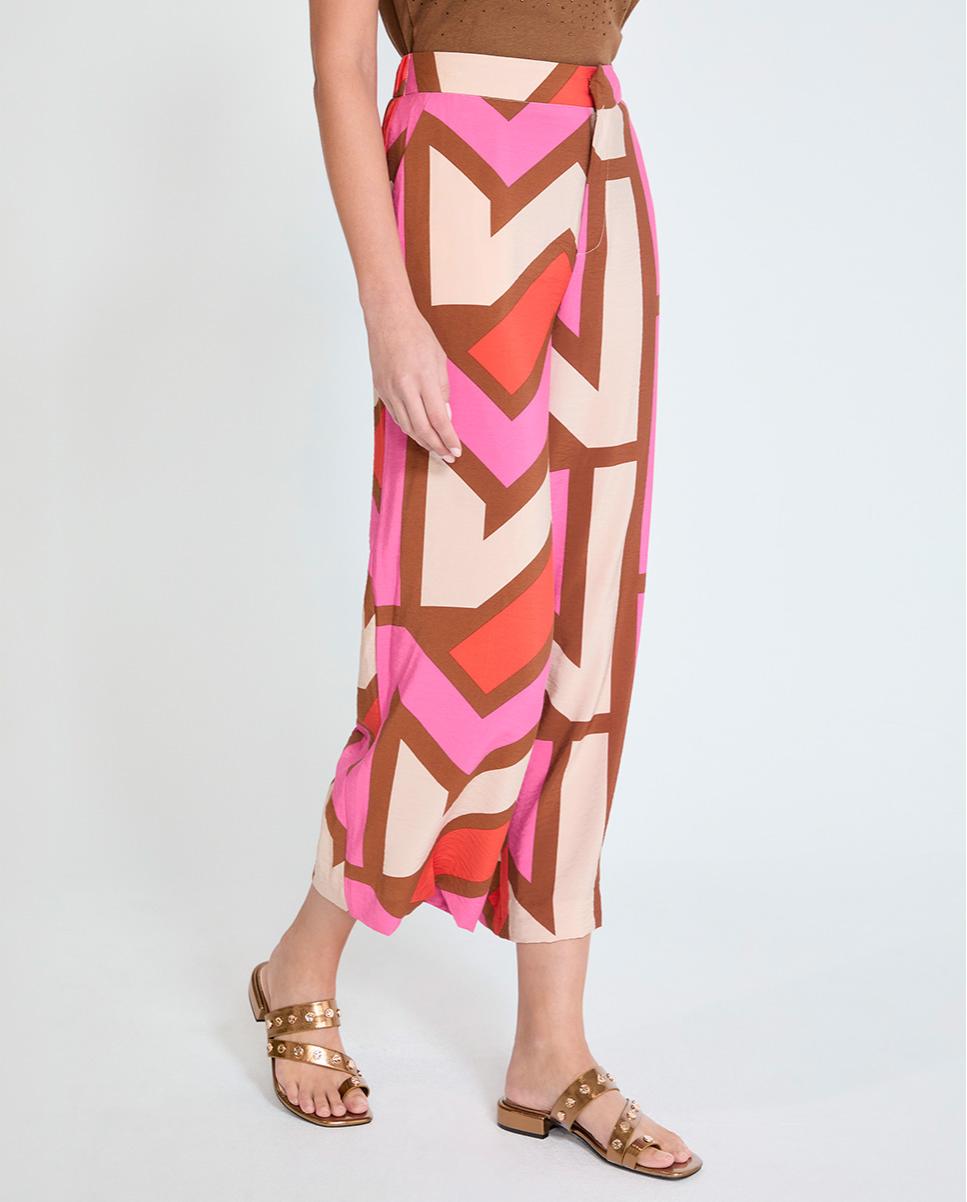 Calças Largas Culotte em Tecido Estampado Multicolor-3