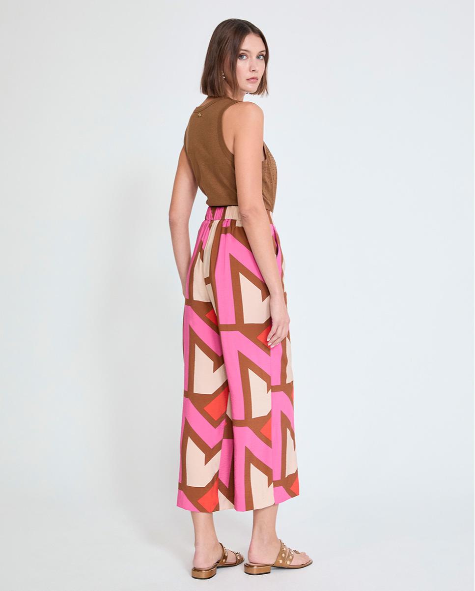 Calças Largas Culotte em Tecido Estampado Multicolor-4