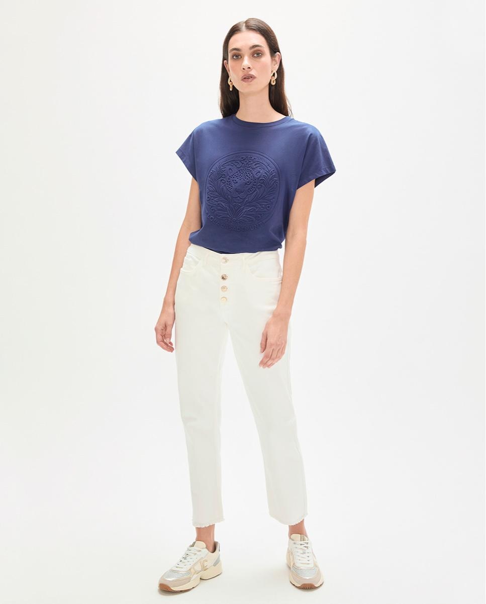 Imagem 0 de Jeans com Corte a Direito Ligeiramente à Boca de Sino com Bainha Desfiada