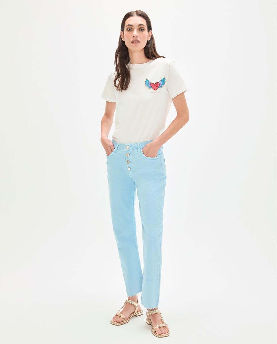 Imagem 0 de Jeans com Corte a Direito Ligeiramente à Boca de Sino com Bainha Desfiada
