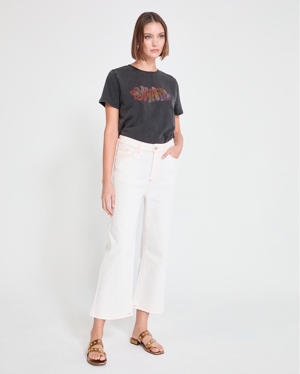 Jeans com Corte a Direito em Sarja com Costuras em Contraste Branco-2