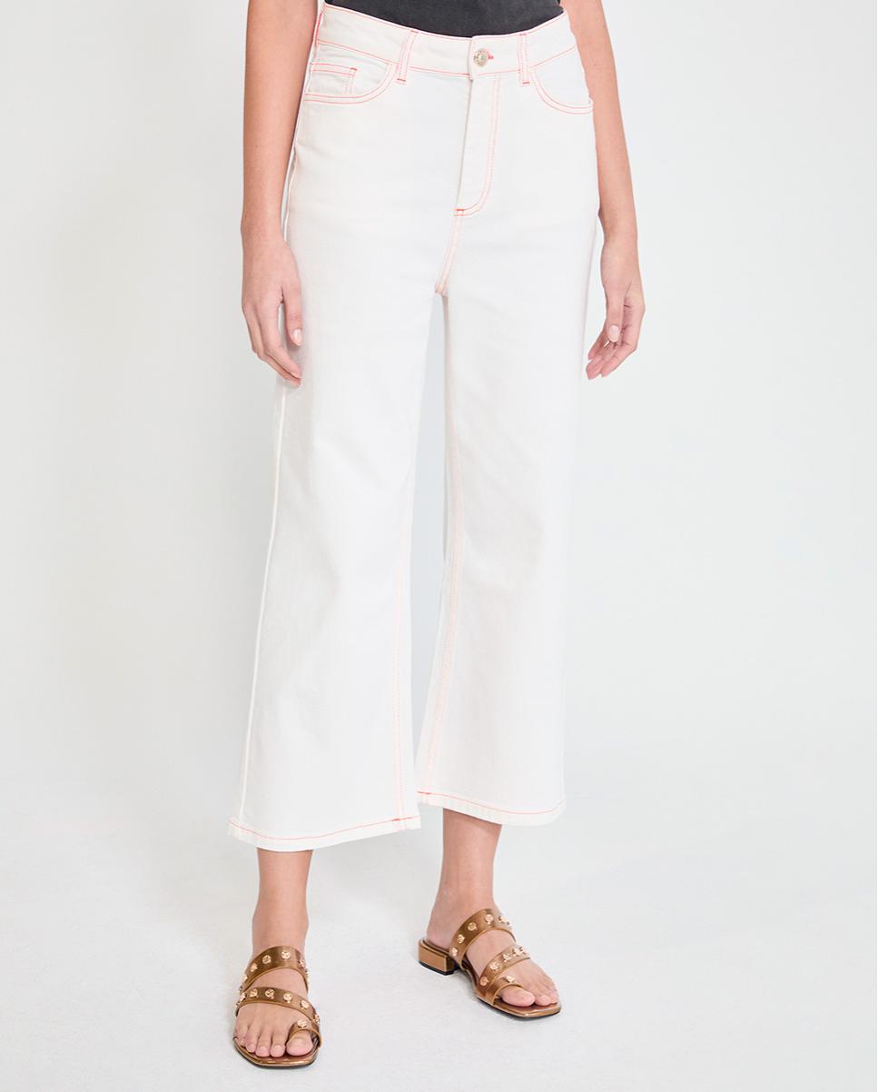 Jeans com Corte a Direito em Sarja com Costuras em Contraste Branco-3