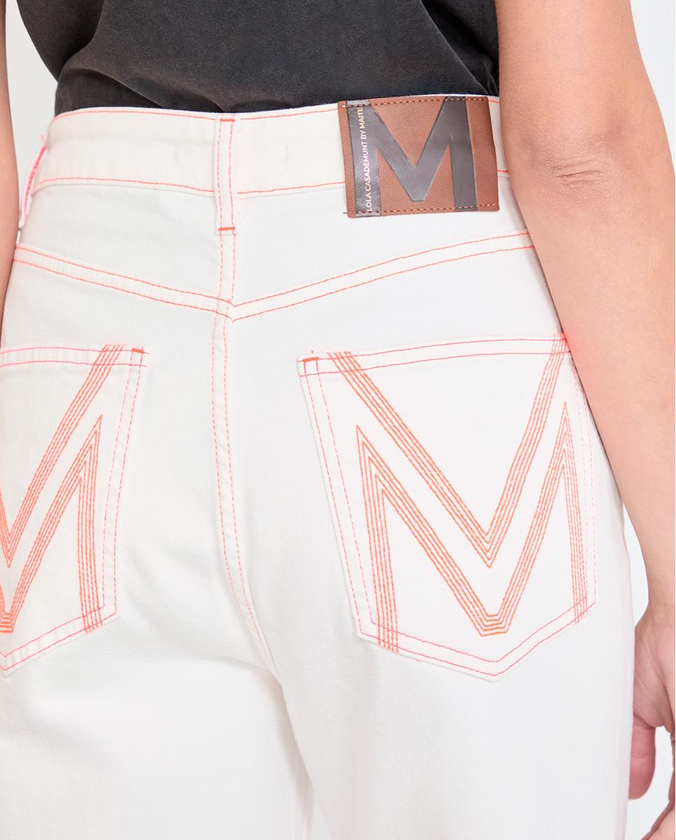 Jeans com Corte a Direito em Sarja com Costuras em Contraste Branco-5