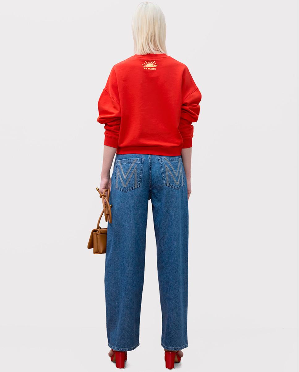 Jeans Largos Wideleg com Bordado nos Bolsos Posteriores Azul denim-4