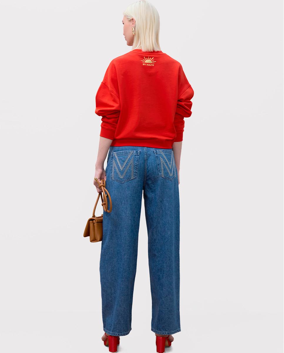 Jeans Largos Wideleg com Bordado nos Bolsos Posteriores Azul denim-5