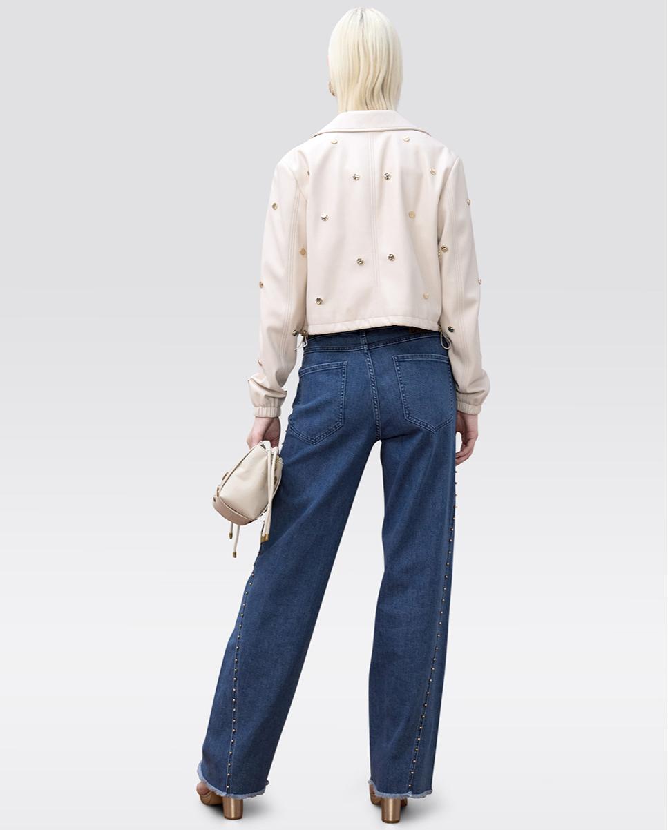 Jeans de Corte a Direito com Detalhe de Bolinhas Douradas na Lateral Azul denim-3