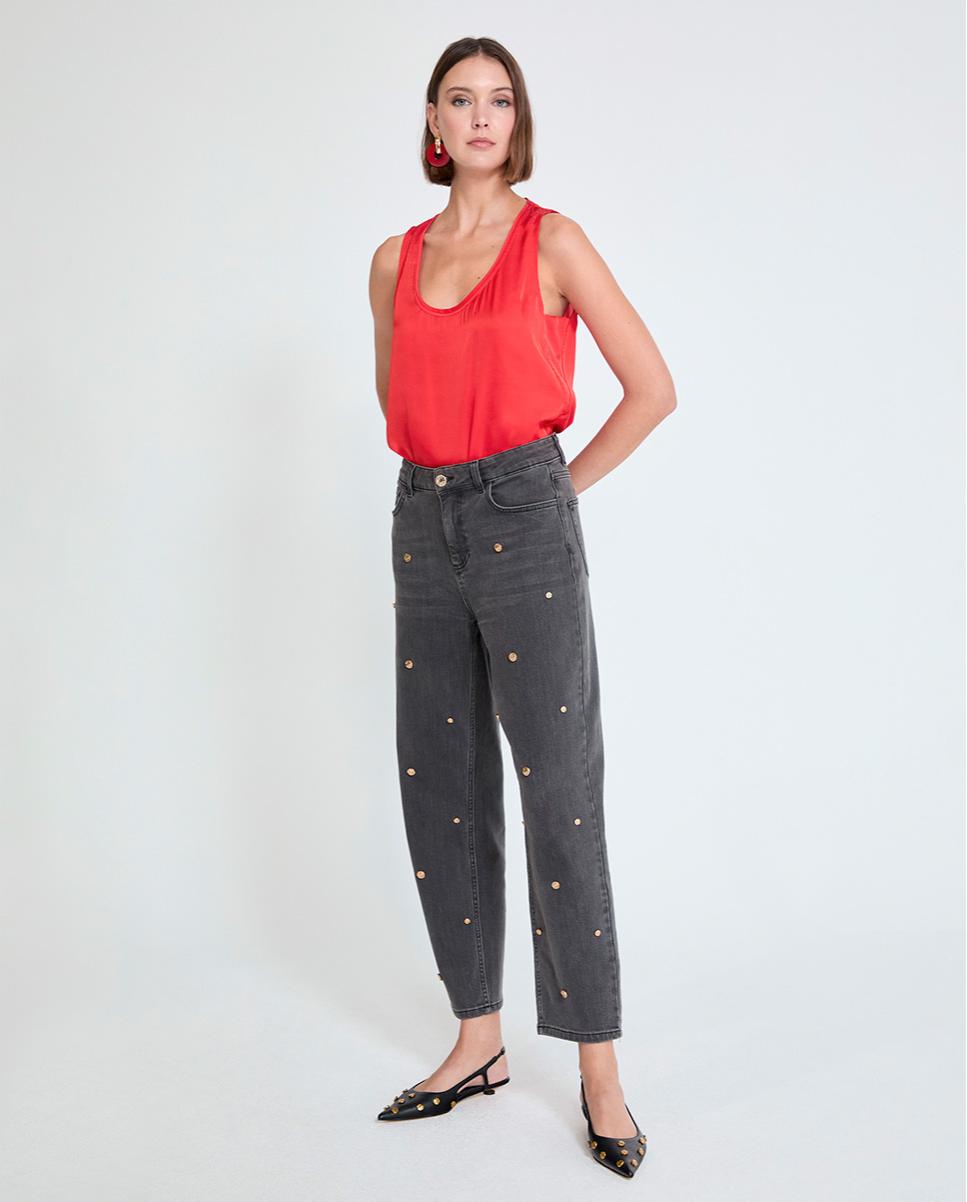Jeans com Corte a Direito Cinco Bolsos com Tachas Cinzento-escuro-2