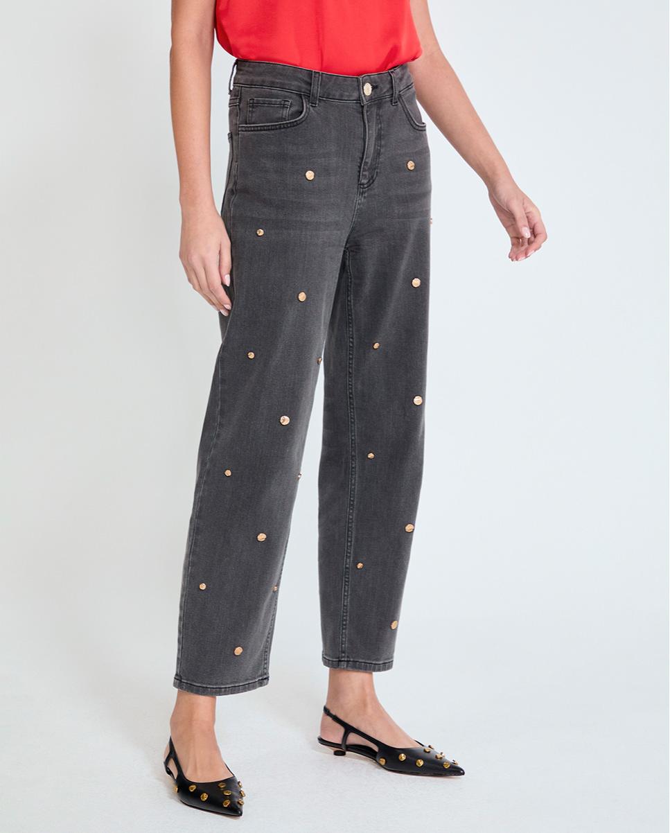 Jeans com Corte a Direito Cinco Bolsos com Tachas Cinzento-escuro-3