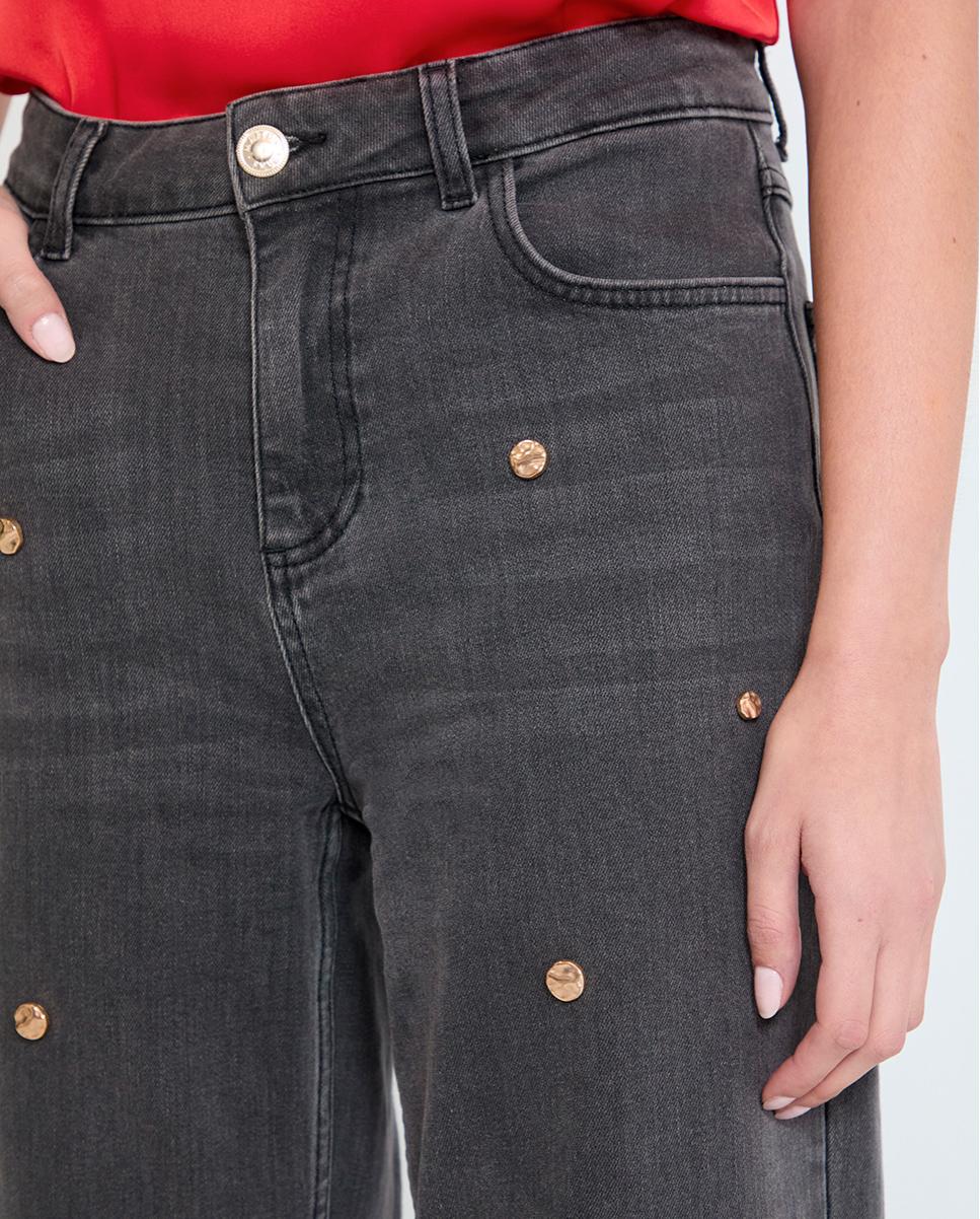 Jeans com Corte a Direito Cinco Bolsos com Tachas Cinzento-escuro-4