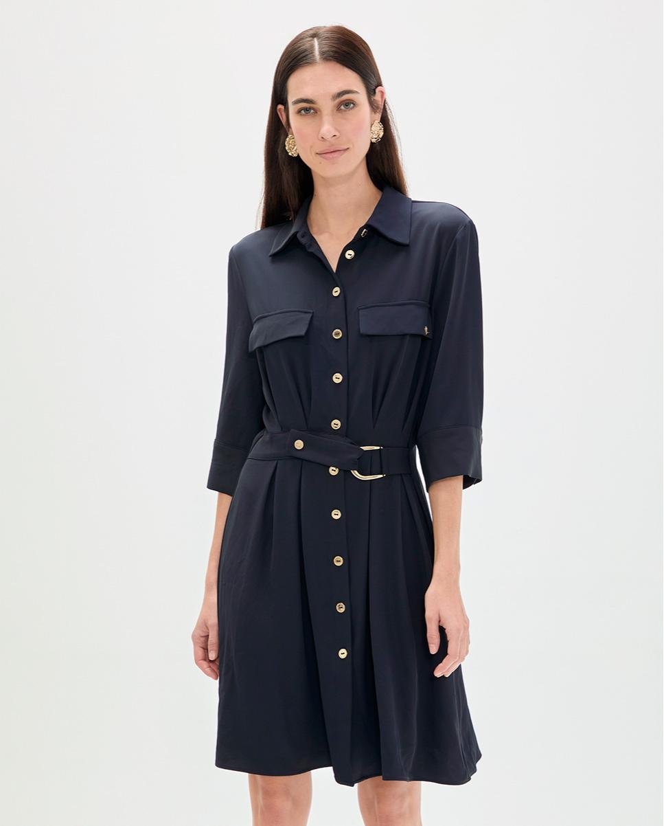 Vestido Curto Tipo Camisa com Manga 3/4 Azul-marinho-2