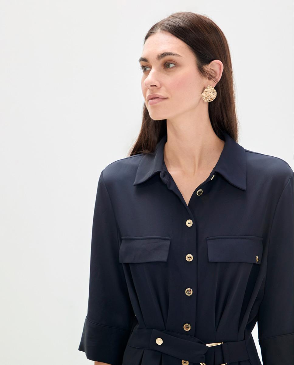 Vestido Curto Tipo Camisa com Manga 3/4 Azul-marinho-3