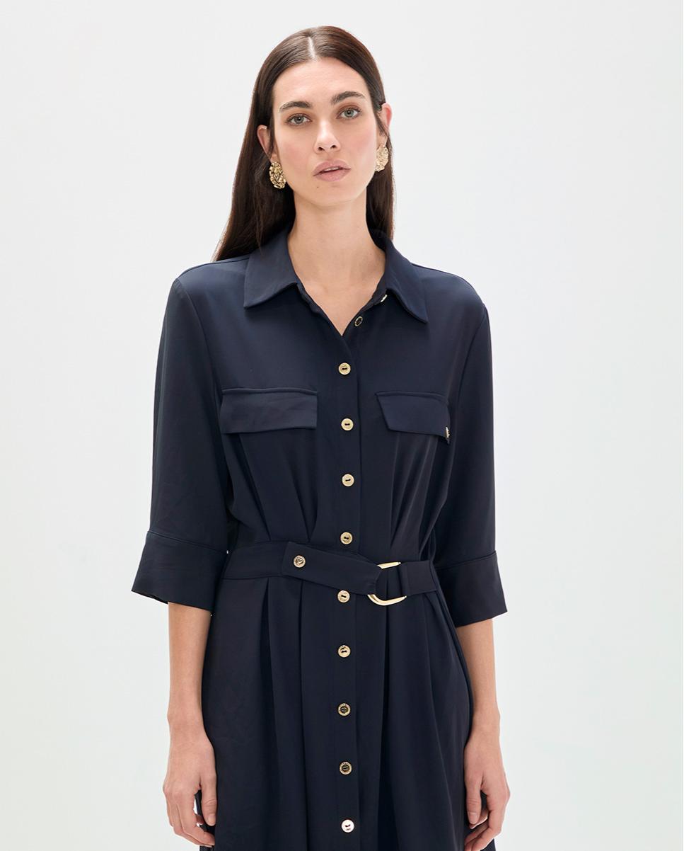 Vestido Curto Tipo Camisa com Manga 3/4 Azul-marinho-4