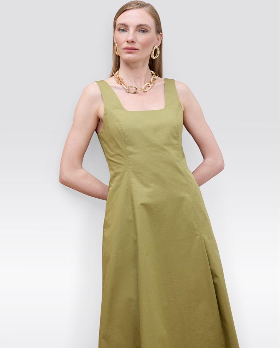 Vestido Midi em Popelina de Alças Caqui-2