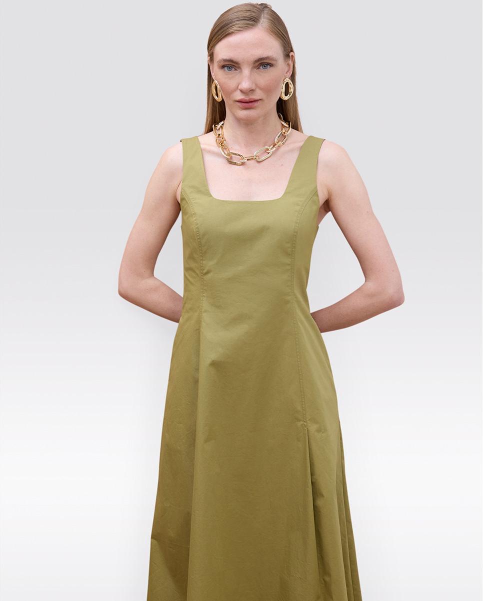 Vestido Midi em Popelina de Alças Caqui-3