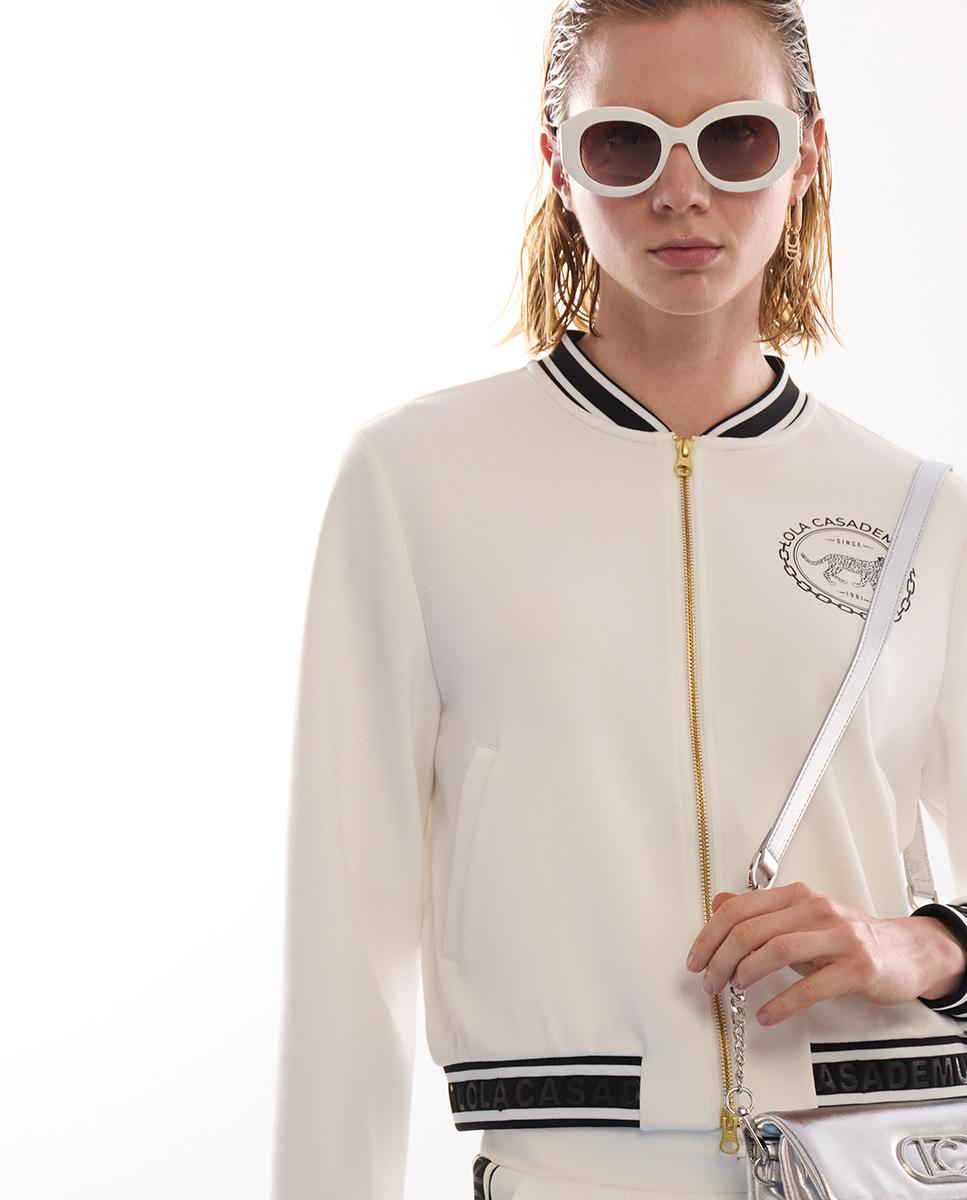 Sweatshirt com Fecho Zip em Tecido Scuba Branco-5