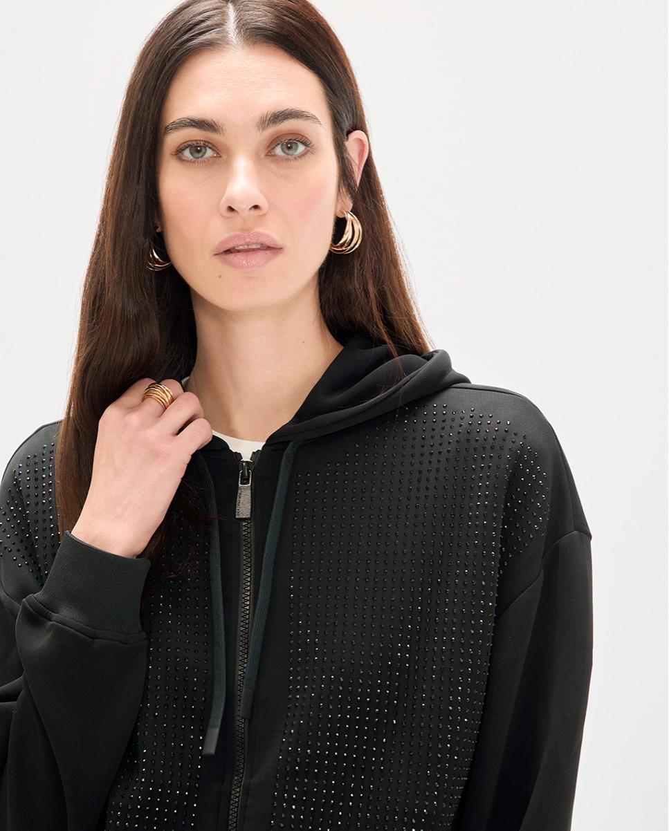 Sweatshirt com Fecho Zip e Tecido Scuba com Strass e Capuz Preto-3