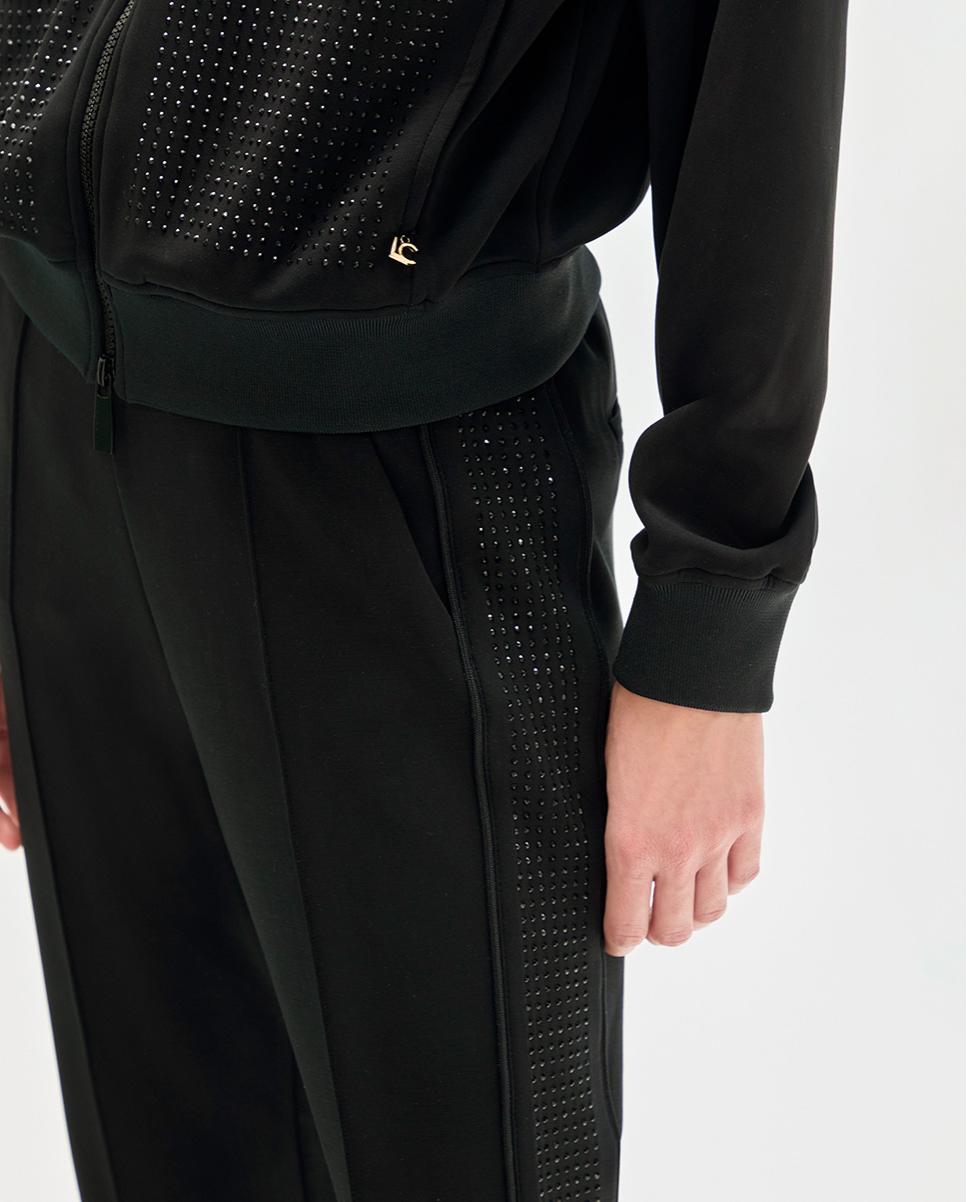 Sweatshirt com Fecho Zip e Tecido Scuba com Strass e Capuz Preto-4