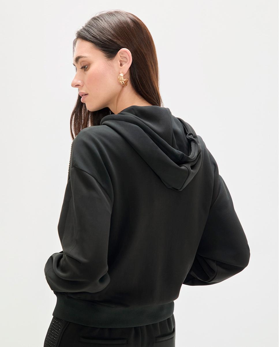 Sweatshirt com Fecho Zip e Tecido Scuba com Strass e Capuz Preto-5