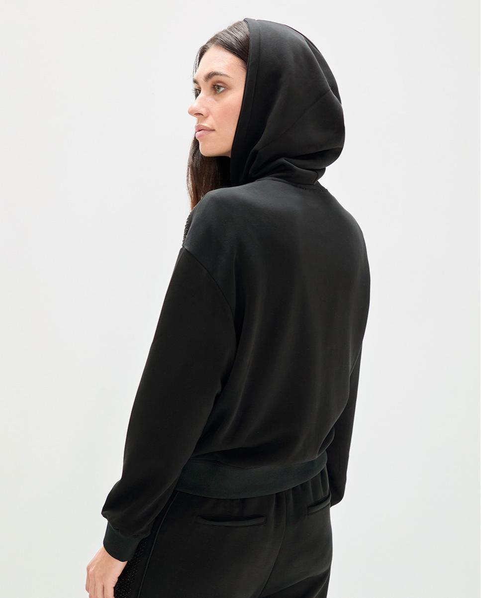 Sweatshirt com Fecho Zip e Tecido Scuba com Strass e Capuz Preto-6