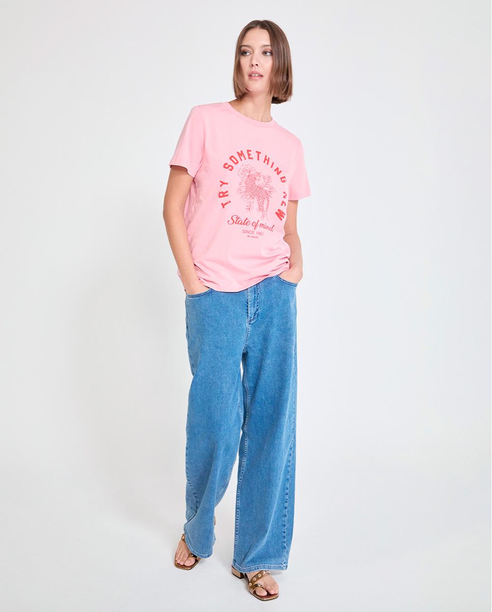 T-shirt de Manga Curta com Print Frontal Rosa-claro-2