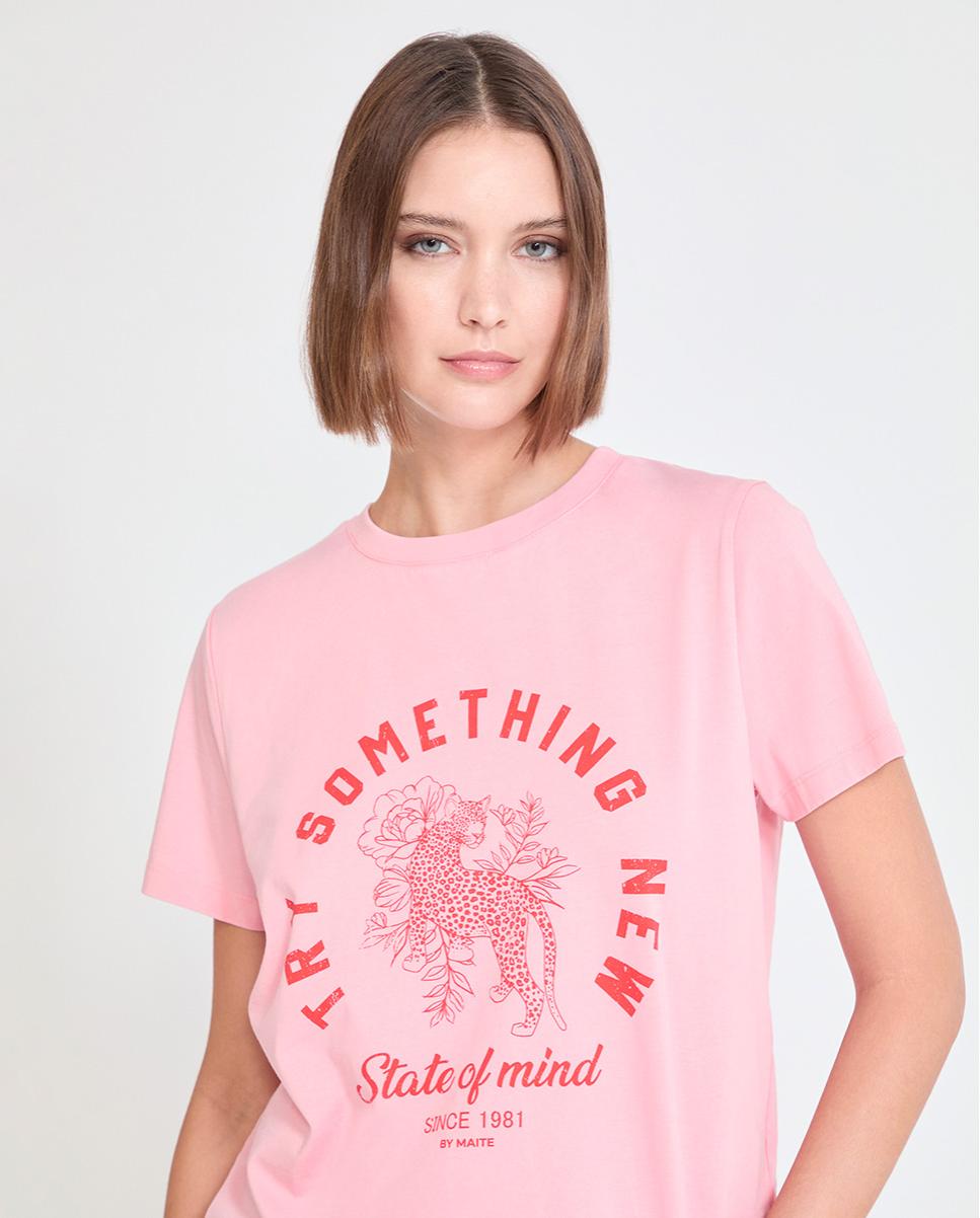 T-shirt de Manga Curta com Print Frontal Rosa-claro-3