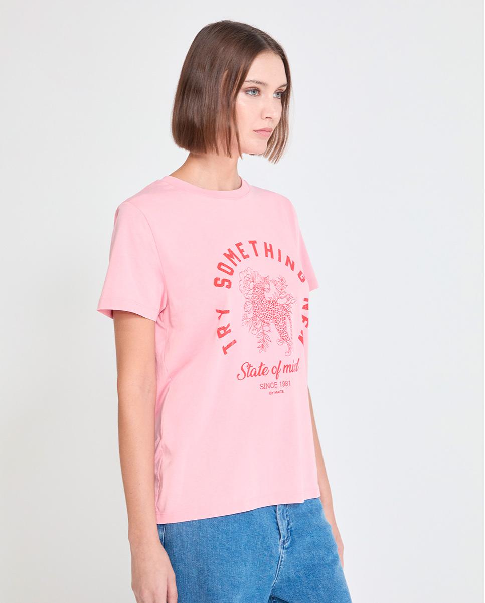 T-shirt de Manga Curta com Print Frontal Rosa-claro-4
