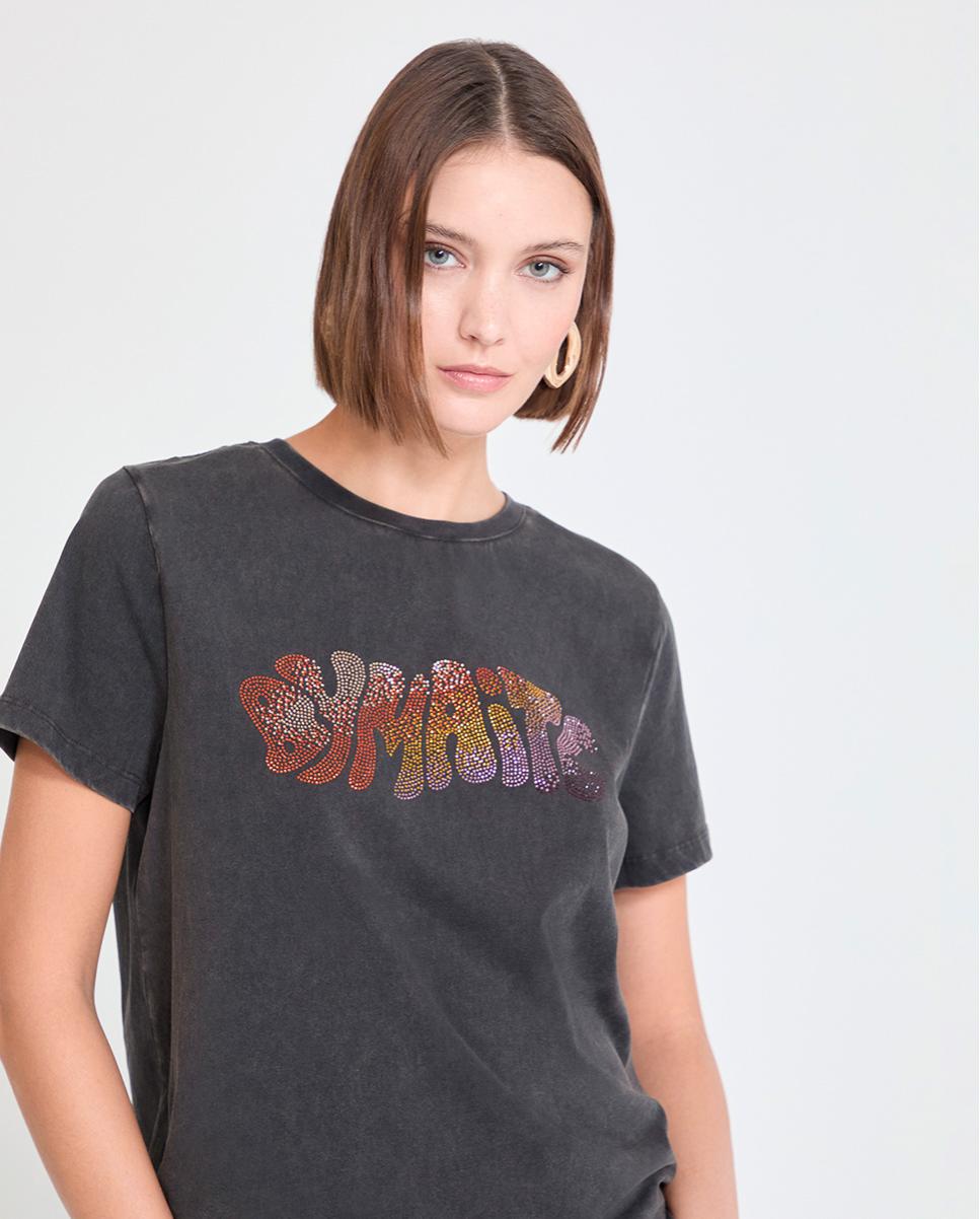 T-shirt de Manga Curta com Strass Carbono-1