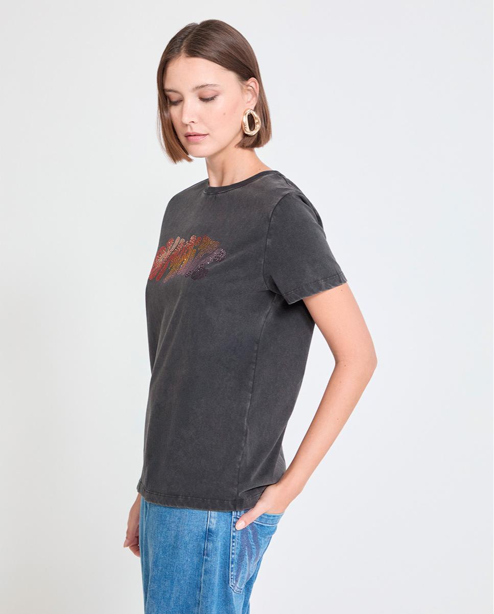 T-shirt de Manga Curta com Strass Carbono-2