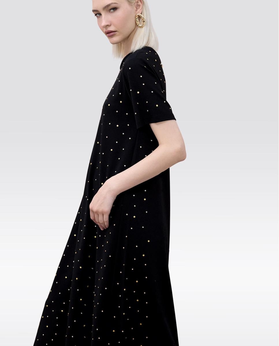 Vestido Midi de Manga Curta com Tachas Preto-2