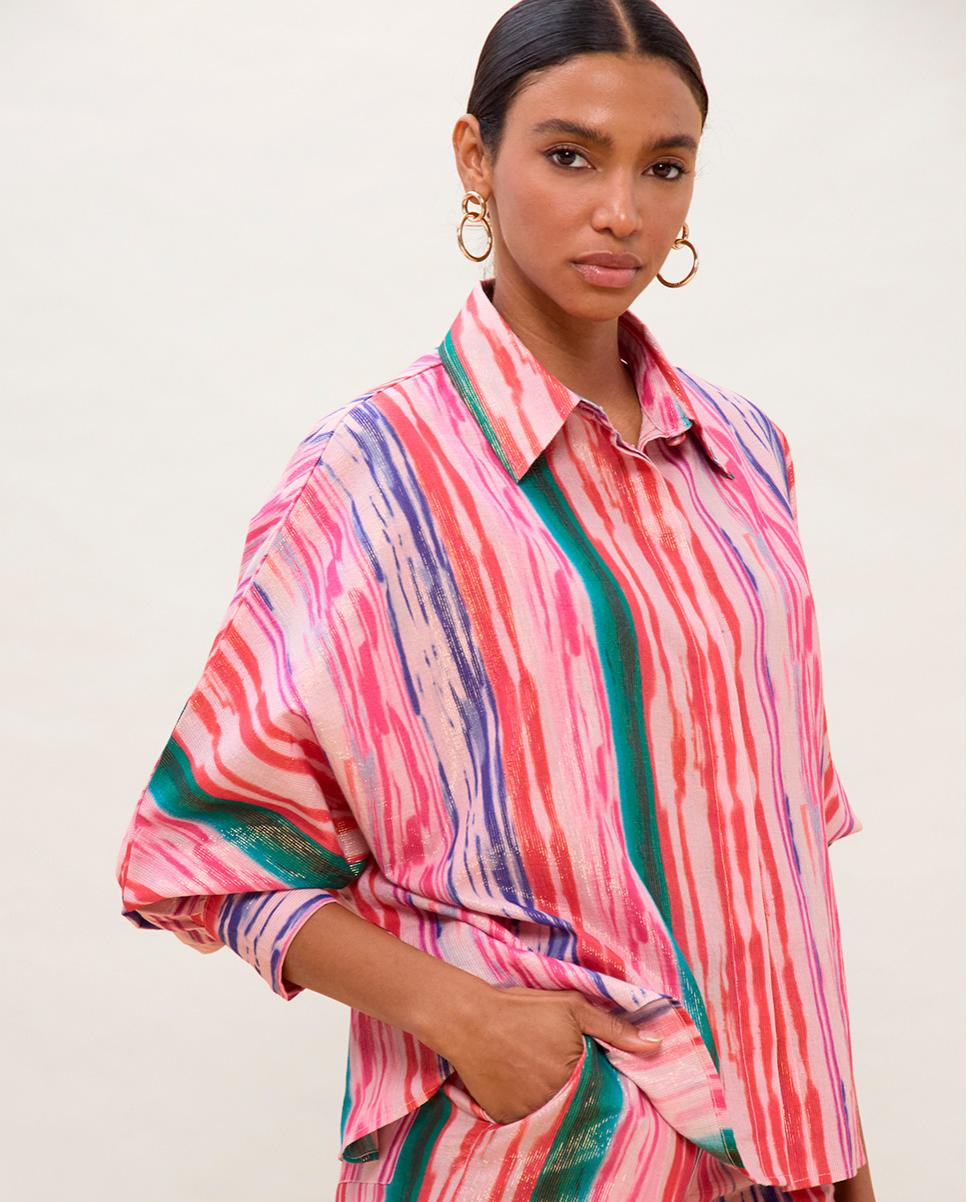 Camisa Oversize Às Riscas com Lurex Multicolor-2
