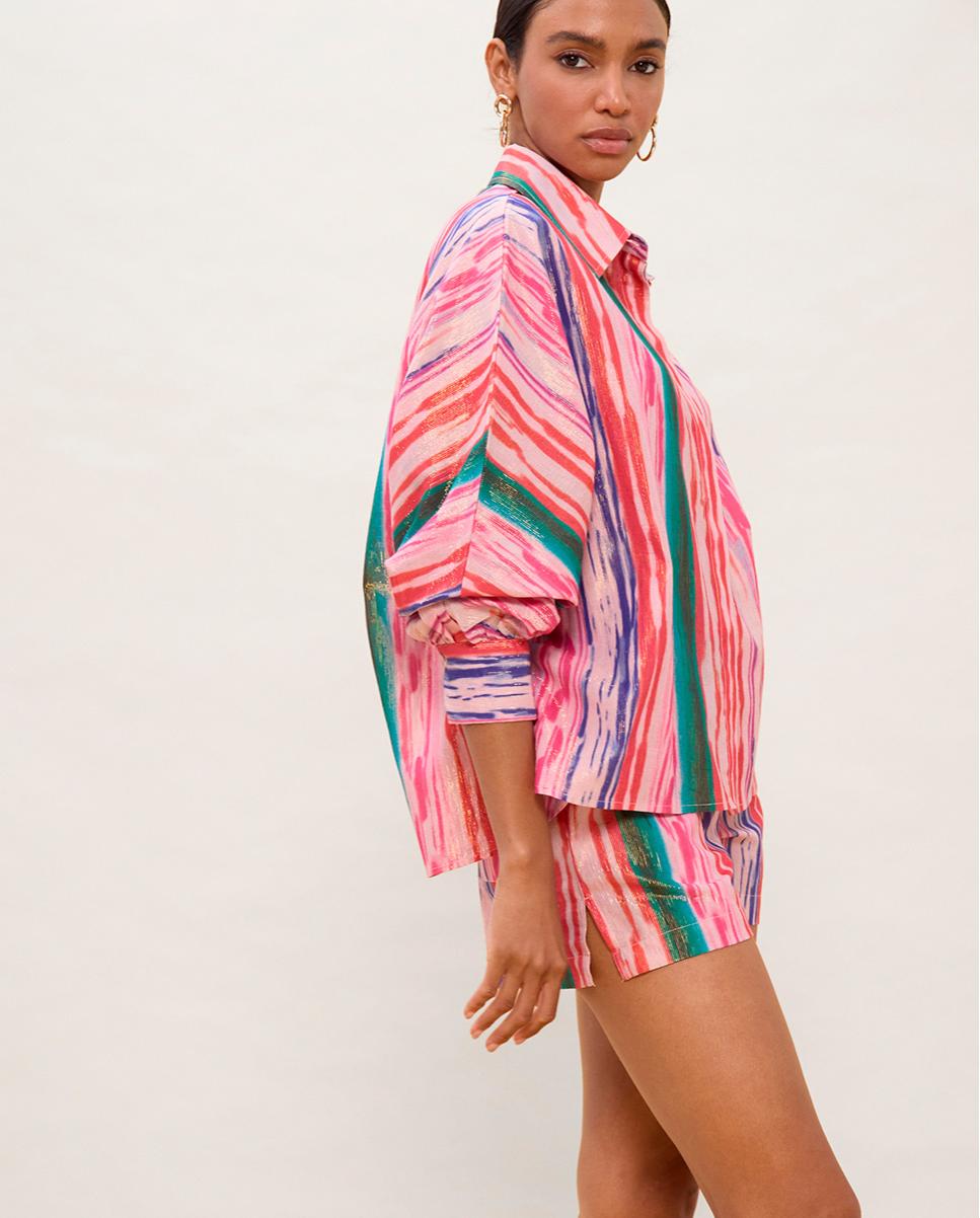 Camisa Oversize Às Riscas com Lurex Multicolor-3