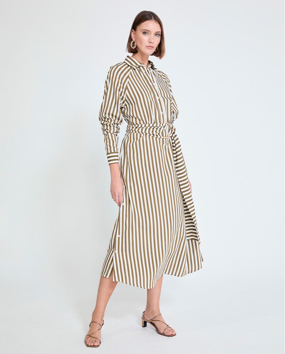 Imagem 0 de Vestido Midi em Popelina Tipo Camisa às Riscas com Cinto