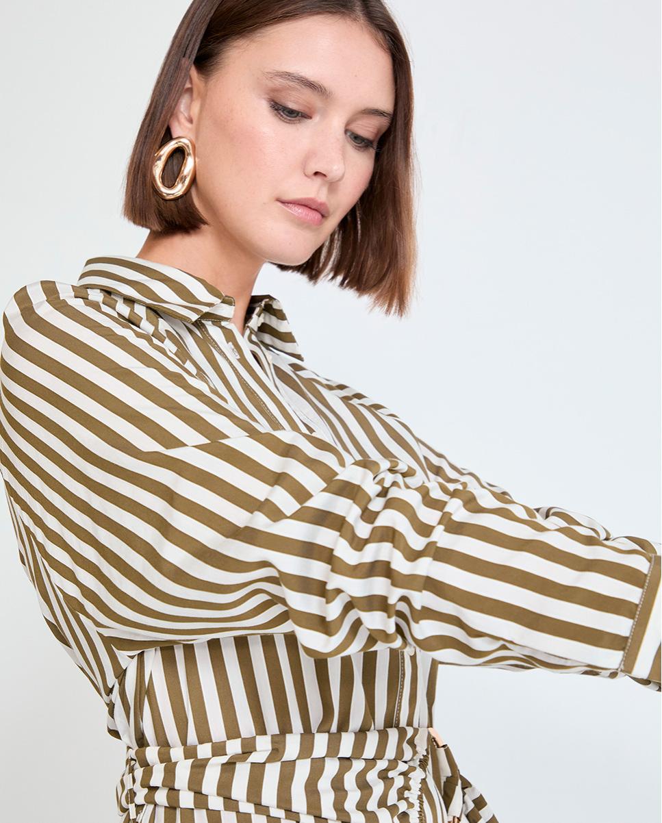 Vestido Midi em Popelina Tipo Camisa às Riscas com Cinto Verde pardo-2