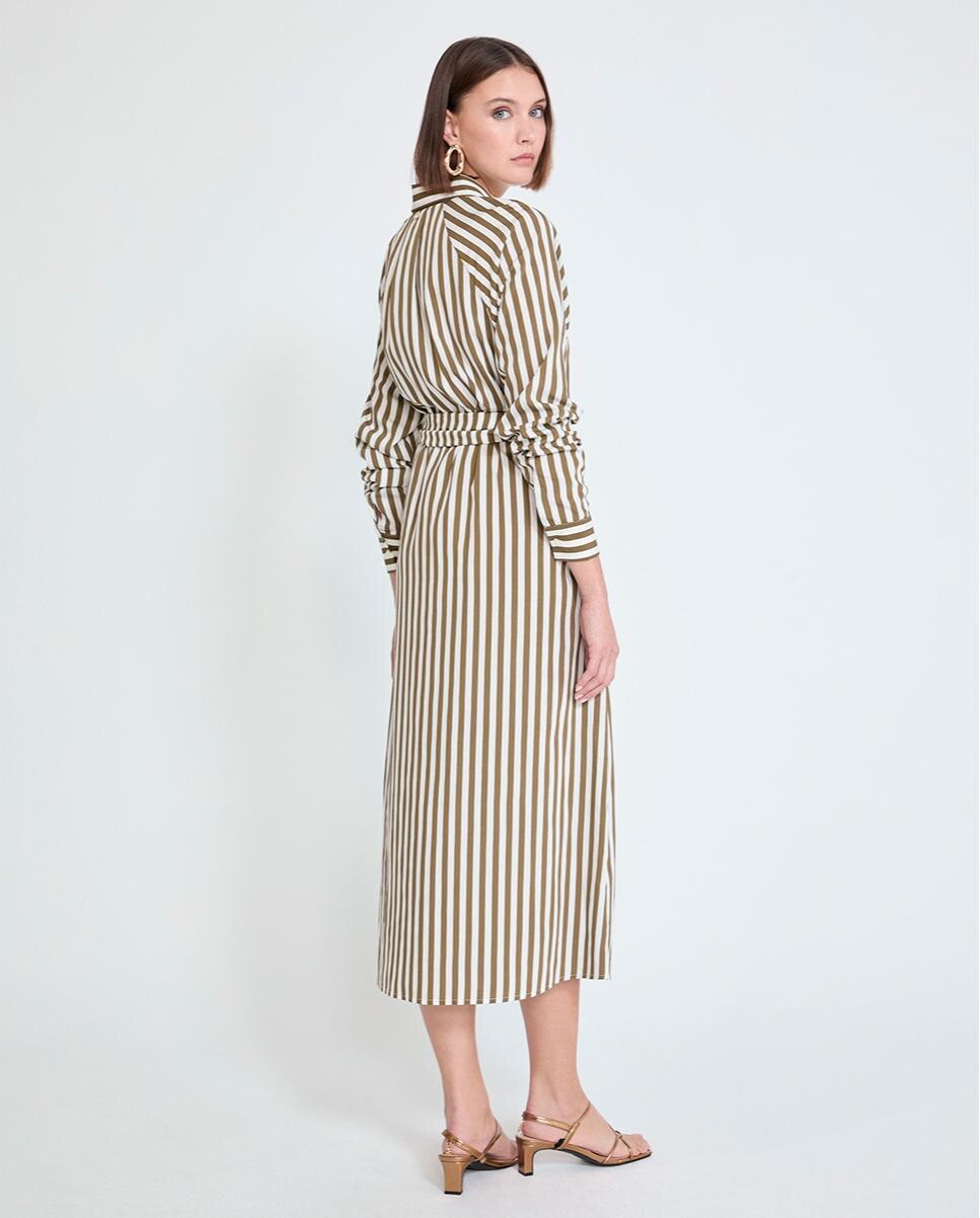 Vestido Midi em Popelina Tipo Camisa às Riscas com Cinto Verde pardo-3