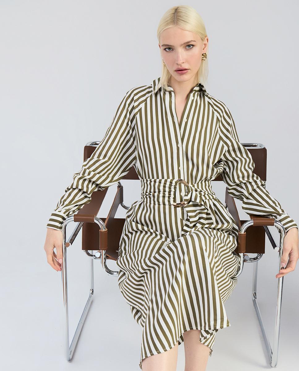 Vestido Midi em Popelina Tipo Camisa às Riscas com Cinto Verde pardo-6