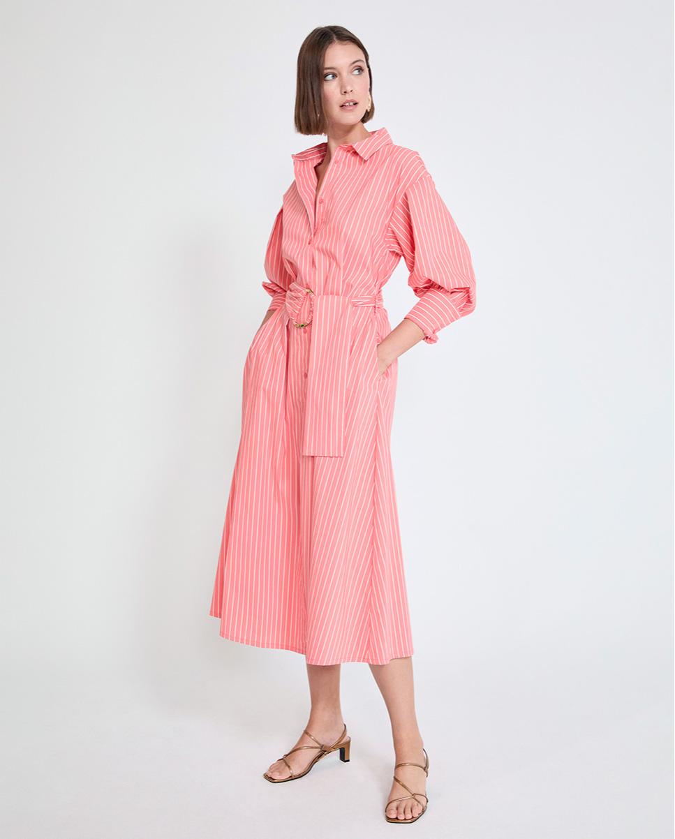 Imagem 0 de Vestido Midi em Popelina Tipo Camisa às Riscas com Cinto