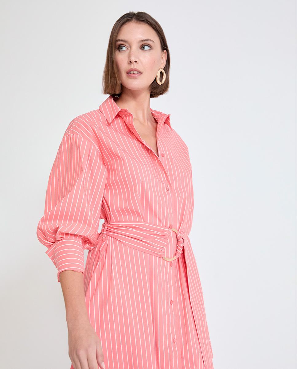 Vestido Midi em Popelina Tipo Camisa às Riscas com Cinto Salmão-2