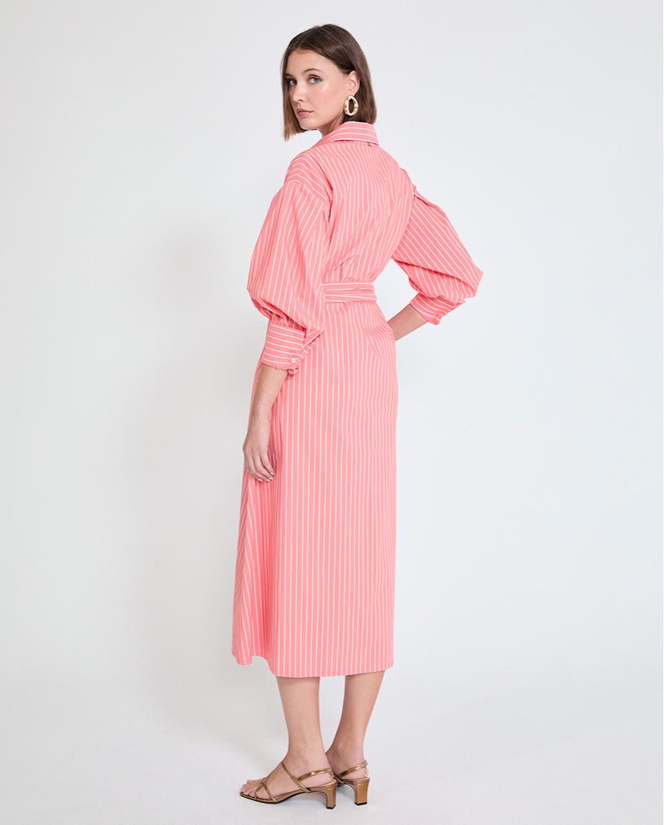 Vestido Midi em Popelina Tipo Camisa às Riscas com Cinto Salmão-3