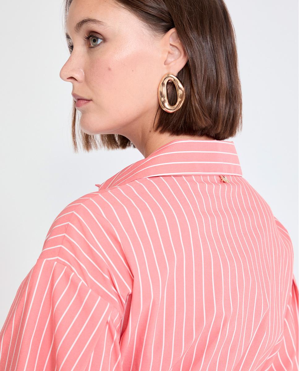 Vestido Midi em Popelina Tipo Camisa às Riscas com Cinto Salmão-4