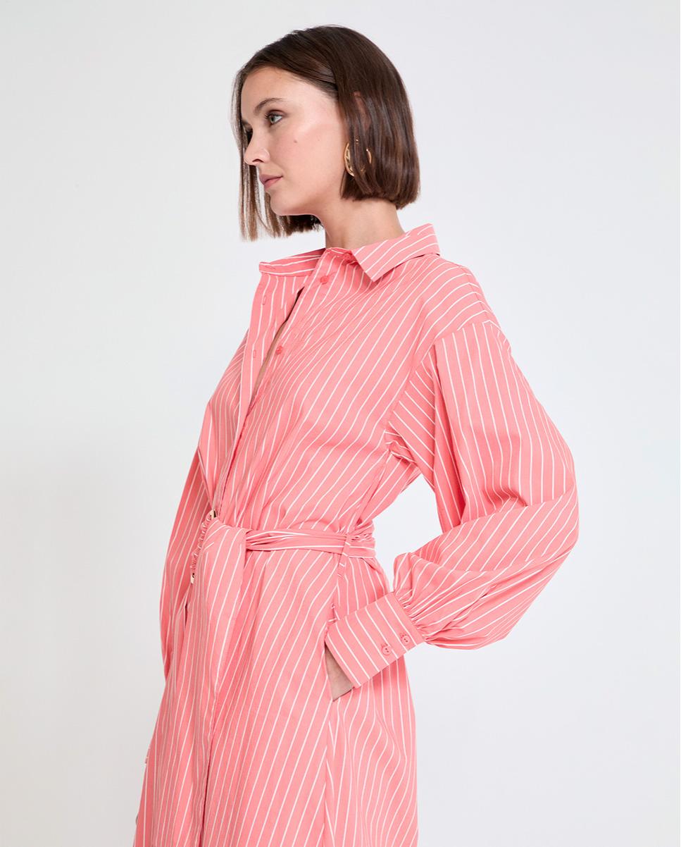 Vestido Midi em Popelina Tipo Camisa às Riscas com Cinto Salmão-5