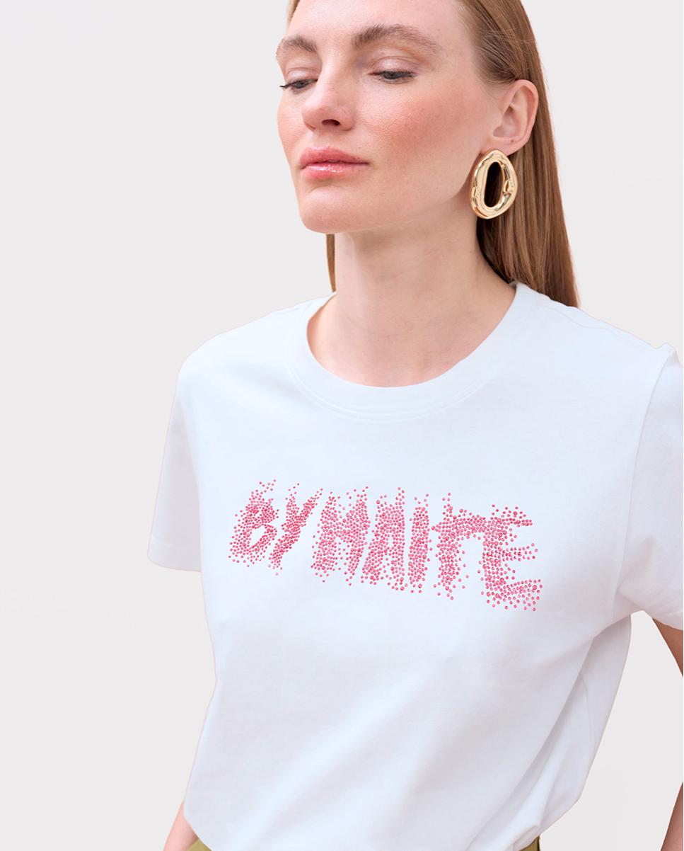 T-shirt com Mensagem Frontal de Strass Branco-3