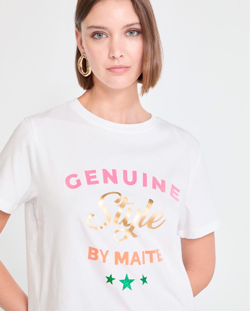 T-shirt de Manga Curta com Mensagem Frontal Multicolor Branco-4