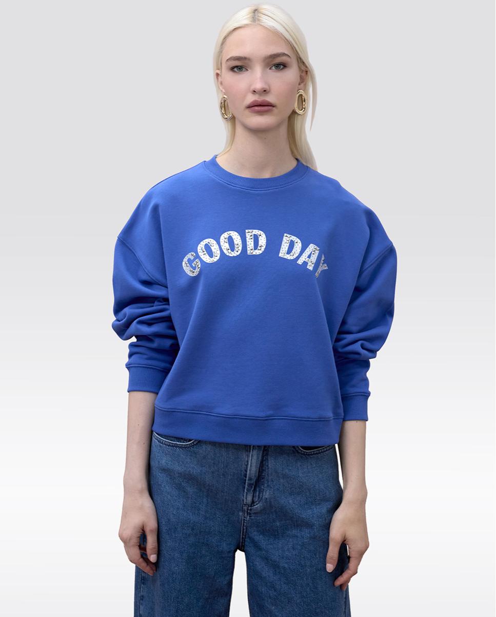 Sweatshirt com Letreiro Frontal e Gola Redonda Azul Royal-2