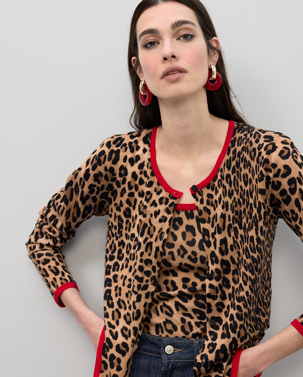 Imagem 0 de Cardigan Animal Print com Rib em Contraste
