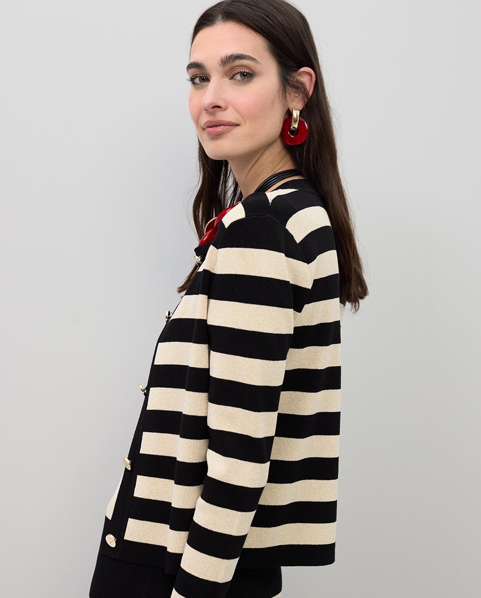 Cardigan às Riscas Bicolor Preto / Natural-3