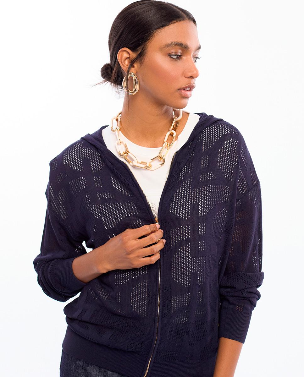 Sweatshirt Perfurada com Fecho Zip e Capuz Azul-marinho-3