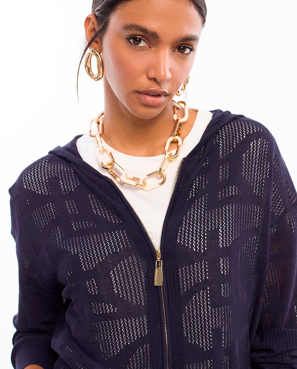 Sweatshirt Perfurada com Fecho Zip e Capuz Azul-marinho-4