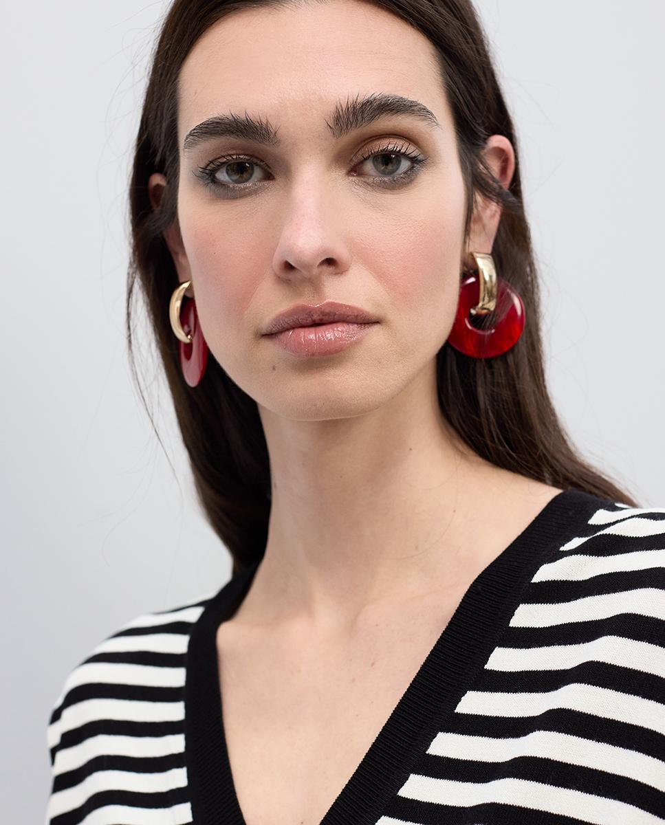 Camisola às Riscas Bicolor com Gola em V Preto / Branco-2
